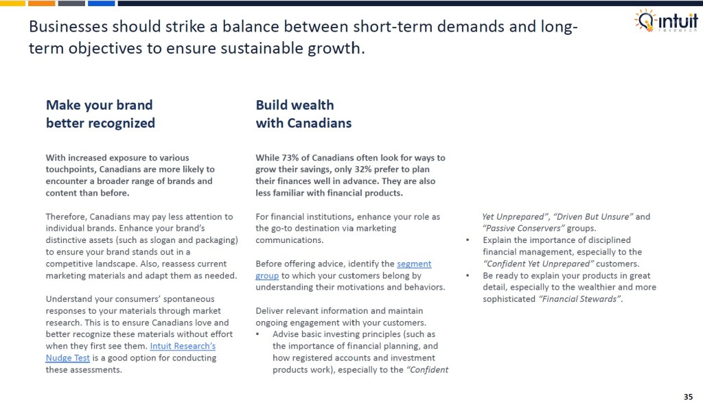 Canadian outlook study 2025 by Intuit Research. Intuit Research conducted a nationwide survey of 1,015 Canadian respondents in May 2025 to examine consumer sentiment, economic confidence, spending changes, attitudes toward finances and AI usage among Canadians.

Businesses should strike a balance between short-term demands and long-term objectives to ensure sustainable growth.

Reassessing Canadians' price sensitivity toward brands.

Understanding the consumer journey and adjusting the media spend to better reach consumers.

Incorporating AI in the communications plan and having an answer engine optimization (AEO) in place.

Enhancing brands’ distinctive assets to ensure brands stand out in a competitive landscape.

Delivering personalized messages to banking and insurance customers.